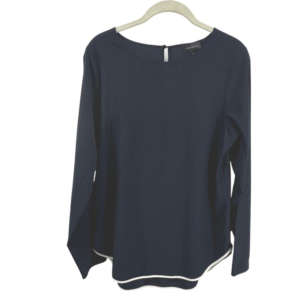 The Limited Blouse‎ Womens M Navy Blue White Trim Long Sleeve Minimalist Office